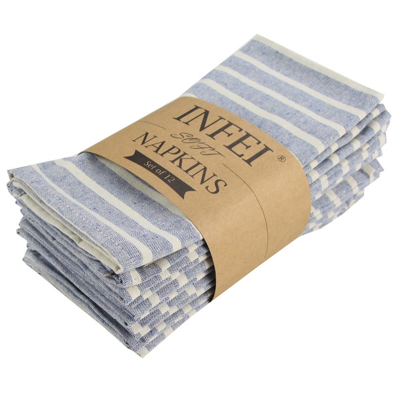 INFEI Broad Striped Cotton Blended Dinner Cloth Napkins - Set of 12 (40 x 30 cm) - for Events & Home Use (Blue) - Image 1